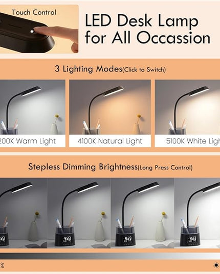 WILIT LED Kids Desk Lamp, Dimmable Study Lamp for Home Office Desk Accessories, with Pen Holder & Clock, USB Charging, RGB Night Light, Bedroom & College Dorm Room Essentials for Girls - Black