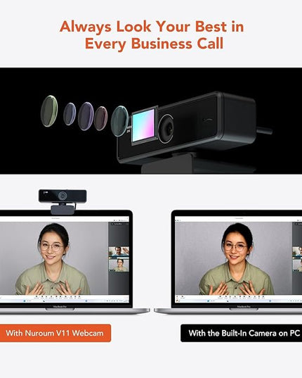NUROUM V11 2K Webcam for PC, 1080P 60FPS USB Web Camera with Microphone, 1440P@30fps, 90° Wide-Angle, Privacy Cover, Plug&Play for Mac/Laptop/Desktop/Computer, for Zoom/Teams/Google Meet