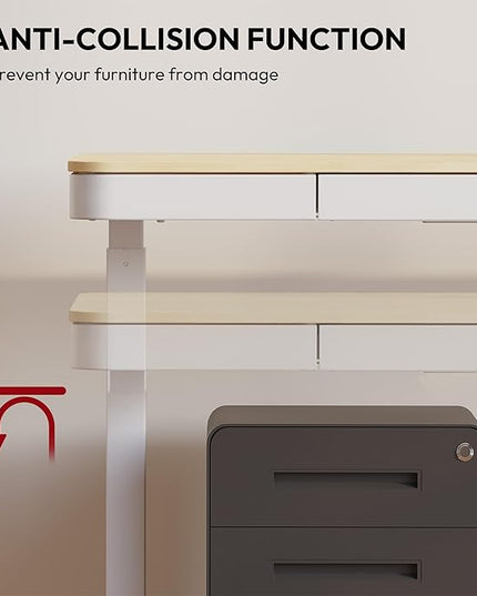 Standing Desk with Drawer, Electric Height Adjustable Home Office Desk with Storage & USB Ports, 48 inch Bamboo Texture Tabletop/White Frame