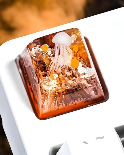 Jellyfish Artisan Keycap Golden Coral R1 SA Profile Custom Sea Creature Keycaps 1U ESC Handmade Gaming Sea Resin Key Cap Cherry MX Switch Compatible Mechanical Keyboard Jellyfish Lover Gift