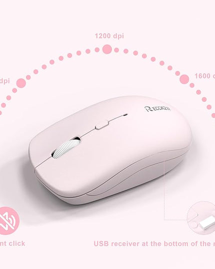 Wireless Keyboard and Mouse Combo, Full-Sized Quiet Wireless Keyboard and Adjustable DPI Mouse, 2.4GHz USB Receiver, Keyboard and Mouse for PC, Windows, Desktop, Laptop (Pink and White-B)