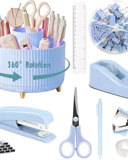 Desk Organizers and Accessories Set with 360-Degree Rotating Pen Holder, Tape Dispenser, Stapler, Staple Remover, 1000 Staples, Tape, Clips Set, Ruler, Scissor, Pen