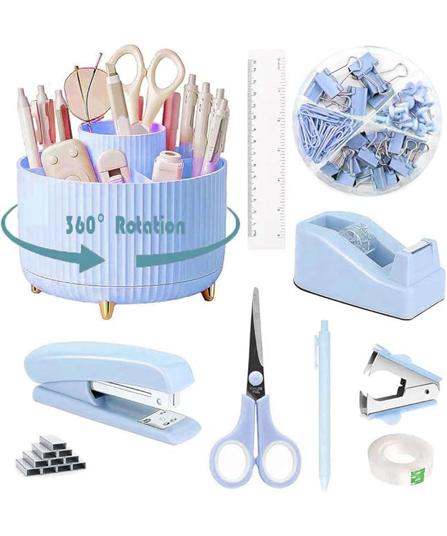 Desk Organizers and Accessories Set with 360-Degree Rotating Pen Holder, Tape Dispenser, Stapler, Staple Remover, 1000 Staples, Tape, Clips Set, Ruler, Scissor, Pen