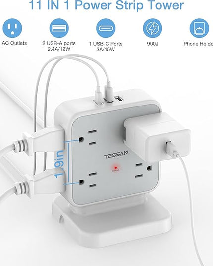Power Strip Tower Surge Protector, TESSAN 8 AC Outlets with 3 USB (1 USB C Port), 5 FT Flat Plug Extension Cord with 900 Joules Protection, Desk Charging Station for Home Office Supplies, Dorm Room