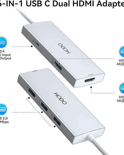 HODO USB C to Dual HDMI Adapter Docking Station Dual 4K 60Hz Monitor, USB C Hub with 2 HDMI, 2*USB A Port, PD 100W, Monitor Dock Compatible for HP Elitebook,Dell XPS 13 15 etc (Silver)