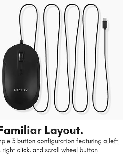 Macally Wired USB C Mouse for Mac and PC - Slim, Quiet, and Reliable - 4 DPI Mode Type C for Laptop, MacBook Pro/Air, iMac - Wired Mice USBC