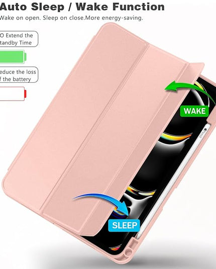 ZryXal iPad Pro 11 Inch Case (M5) 2025/ (M4) 2024 (Model: A2836/A2837/A3006), Trifold Stand Smart Cover with Pencil Holder and Soft TPU Back, Auto Wake/Sleep (Rose Gold)