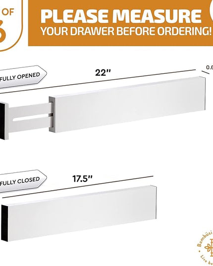 6 Pack Bamboo Drawer Dividers - 17" to 21.5" Expandable Adjustable Drawer Organizer for Kitchen Utensils, Large Drawer Divider, Clothes, Dresser, Bedroom, Bathroom, Desk Drawer Separator Set (White)