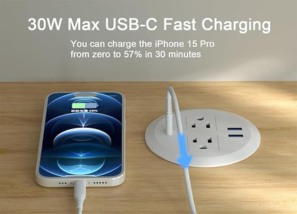 Desktop Power Grommet - 3-inch PD30W USB C Desk Fast Charging Station,3-USB Port,Flush Mounted for 3-1/8" Desk Grommet Holes,Round Recessed Power Outlet,ETL-Certified,6.3 ft Cord,White