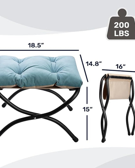 HollyHOME 15"(H) Folding Footrest Stool, Upholstered Small Foldable Ottoman, Accent Padded Sofa Foot Stool for Lazy Chair, Metal Frame Portable Foot Rest Ottoman for Home, Living Room, Bedroom, Blue