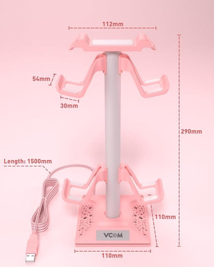 VCOM RGB Gaming Headphones Stand with 2 USB Ports, Pink Headset Stand with 10 Light Modes and Non-Slip Rubber, Suitable for PC Desk Accessories Gamers Gift(Pink)