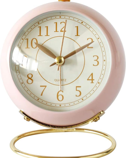 SHISEDECO Small Tableclocks Classic Non-Ticking Tabletop Alarm Clock with Backlight, Battery Operated Astronaut Deskclock with HD Glass for Living Room Bedroom Bedside Indoor Decor (Pink)