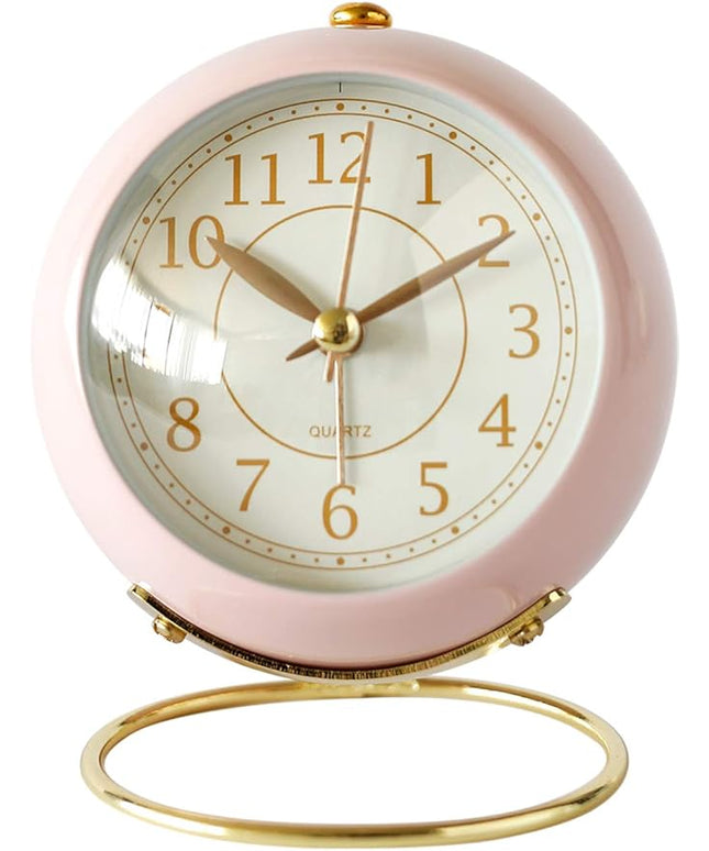 SHISEDECO Small Tableclocks Classic Non-Ticking Tabletop Alarm Clock with Backlight, Battery Operated Astronaut Deskclock with HD Glass for Living Room Bedroom Bedside Indoor Decor (Pink)