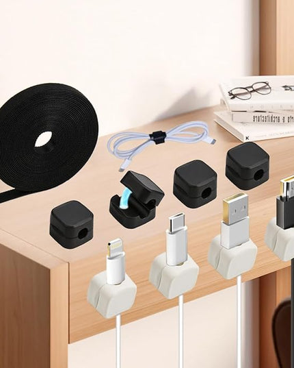 8 Pack Magnetic Cable Clips Cord Holder With Free 0.39*196 Inch Cut - To - Size Binding Tape For Cord Management | Adhesive Cable Organizer For Home, Office, Car - Hide Phone Charging Cables, Desk Use