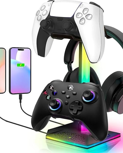 ZNikoyidy Gaming Headphone Stand PC Accessories - RGB Headset Stand with 2 USB Ports,10 Light Modes Headset Holder Suitable for All Earphone Accessories, Gift for Boys Men Gamers