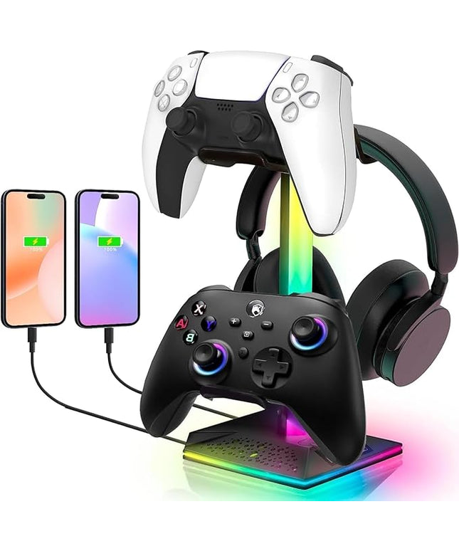ZNikoyidy Gaming Headphone Stand PC Accessories - RGB Headset Stand with 2 USB Ports,10 Light Modes Headset Holder Suitable for All Earphone Accessories, Gift for Boys Men Gamers