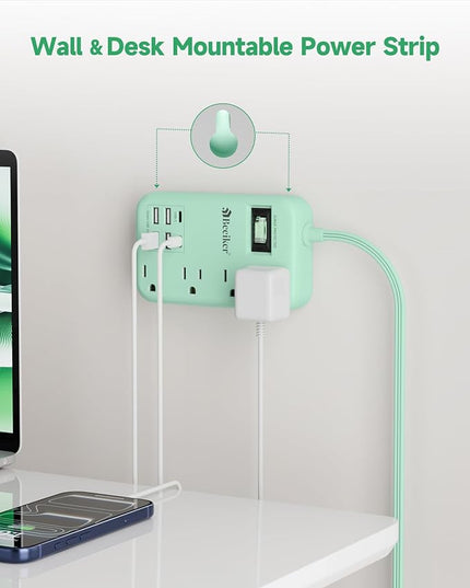 6 USB Green Travel Power Strip- 5Ft Green Extension Cord with 4.8A 2 USB C Charging Station and 4 Outlets, Cute Desk Accessories with Switch for Kawaii Pink Home Office College Dorm Room 24W