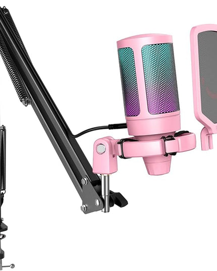 FIFINE Gaming USB Microphone Kit, PC Streaming Recording Computer RGB Microphone Set for Podcasting, Singing, YouTube, Condenser Cardioid Mic with Quick Mute, Gain Knob-A6T Pink