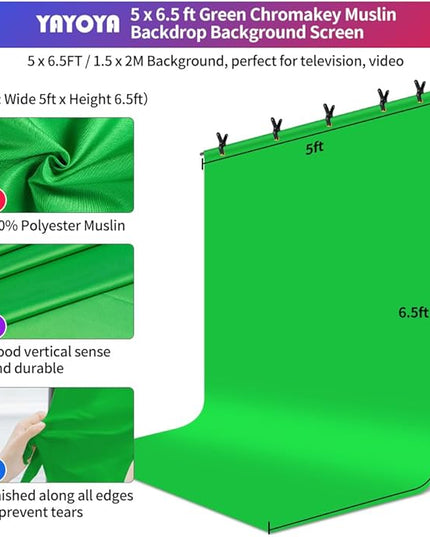 Green Screen Backdrop Kit, 5 x 6.5 ft Portable Chromakey Green Screen with T-Shaped Stand & Carrying Bag & 5 Clamps, Greenscreen Background for Streaming, Gaming, Zoom