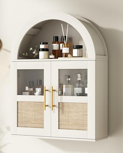 RUSTOWN Arched Bathroom Wall Cabinet, Rattan Medicine Cabinet with 2 Glass Doors, Farmhouse Over The Toilet Storage Cabinets with Adjustable Shelves, 3-Tier Wall Mounted Cabinets