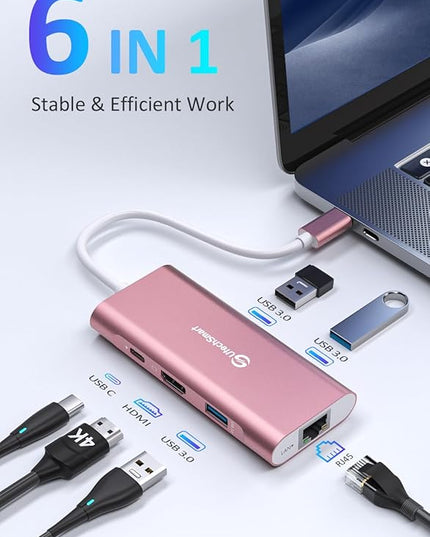 UtechSmart USB C Hub, Ethernet Multiport Adapter 6 in 1 USB C to HDMI Dock Compatible for MacBook Pro/Air, Chromebook, Dell XPS, HP and Type C Devices (Gigabit Ethernet 100W PD 4K HDMI USB 3.0) Pink