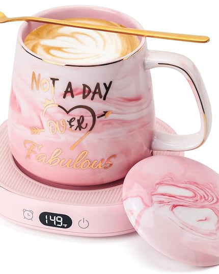 Coffee Mug Warmer & Not A Day Mug Set, Coffee Cup Warmer for Desk, 4 Temperature Setting, Smart Electric Beverage Warmer for Coffee, Tea, 8-Hours Auto Shut Off