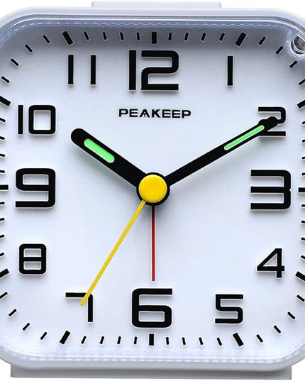 Peakeep 3D Numbers No Tick-Tock Analog Alarm Clock with Classic Beep Sound, Snooze, Manual Light and Battery Powered Small for Travel (White-3D)