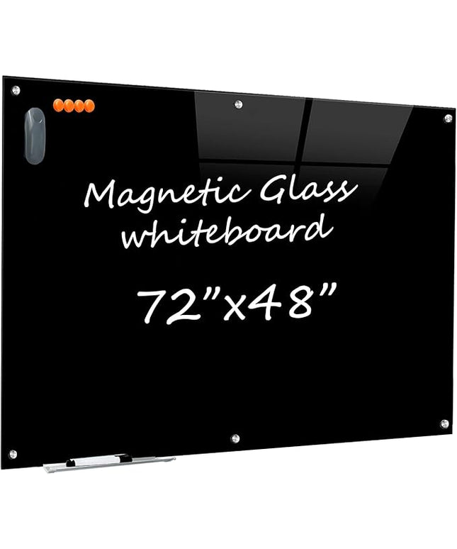 Black Glass Dry Erase Board - 72"X48" Magnetic Blackboard Large Frameless Whiteboard Clear Glass Wlack Boards with Super Strong Magnets, Wall Mounted for Office, School and Home