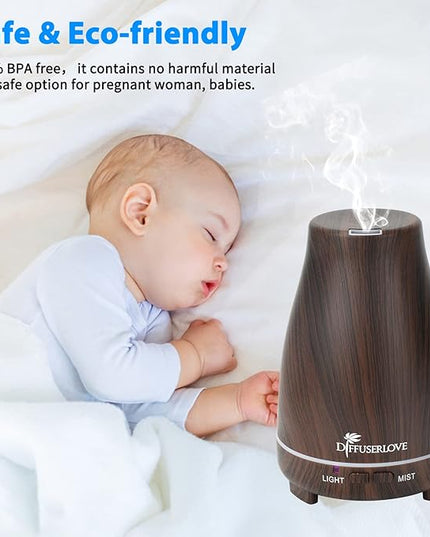 Diffuserlove Essential Oil Diffusers 200ML, Remote Control Aromatherapy Diffuser with 7 Color Lights, Auto Shut-Off for Bedroom Office Kitchen (Black Wood Grain)