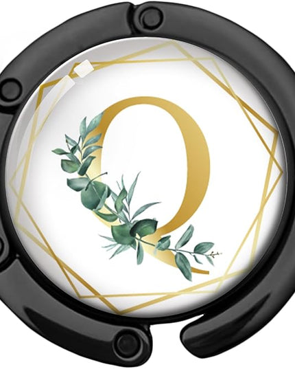 Gold Initial Foldable Purse Hook Gifts, Eucalyptus Letter Handbag Hanger, Women's Bag Hanger Holder, Round Purse Table Hook, Funny Desk Decor Gifts for Women Coworker Friend (Eucalyptus Q)