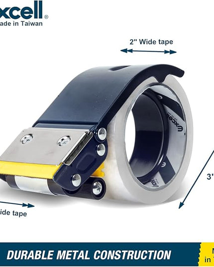 Excell ET-22686 Anti-Backflow Metal Packaging Tape Dispenser (2" Wide) with 2 Roll Tapes for Packaging, Transportation, Moving and Box Sealing Carton (Tape Gun + 2 Tapes)