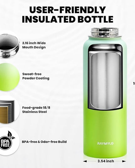 Insulated Water Bottle 40 oz, Triple Wall Vacuum Stainless Steel (Cold for 48 Hrs), Leak Proof & Non-BPA, Modern Water Flask Jug with Paracord Handle & Straw Spout Lids, Ombre Green