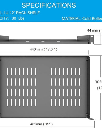 2 Pcs of 1U Universal Rack Shelf, 12" Deep Vented Cantilever Rack Tray for 19" Networking Cabinet or Rack, Black 2 Pcs (12 inches 2 Pcs)