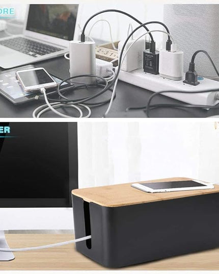 Cable Management Box, 2 Pack Bamboo Lid Large Storage Wires Organizer Holder for Home, Desk, TV, Computer, USB Hub - to Cover Hide Surge Protector Conceal Power Strips & Cords (Black)