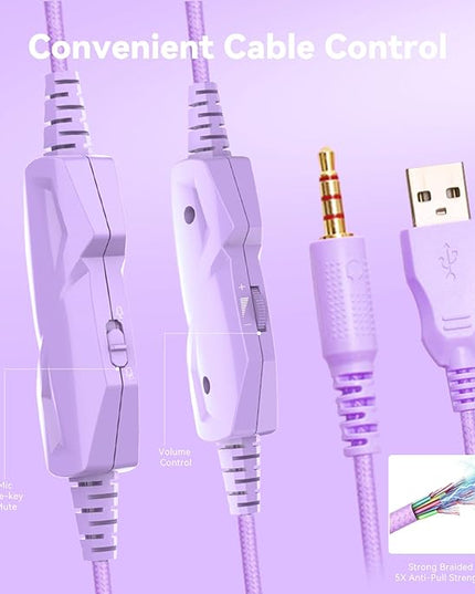 Gaming Headset with Microphone for Pc, Xbox One Series X/s, Ps4, Ps5, Switch, Stereo Wired Noise Cancelling Over-Ear Headphones with Mic, RGB, for Computer, Laptop, Mac, Nintendo (White Purple)