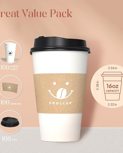 Coolcap Coffee Cups with Lids and Sleeves, 16 Ounce 100 pack To Go Coffee Cups with Lids, Disposable Hot Coffee Paper Cups Bulk for Hot Beverage (16 Ounce, White) | with Lids, and Sleeves, To Go Coffee Cups, with Lids, Bulk, for Hot Beverage