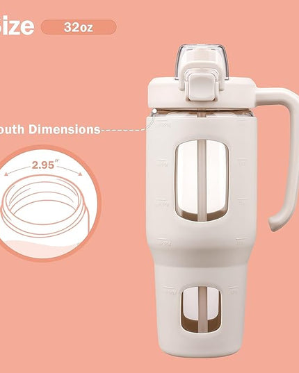32oz Glass Tumbler with Straw Handle and 2-IN-1 Sip & Spout Lid, Reusable Iced Coffee Cup for Smoothie, Matcha, Milkshake, Leakproof Glass Water Bottle with Straw and Silicone Sleeve, BPA Free-White