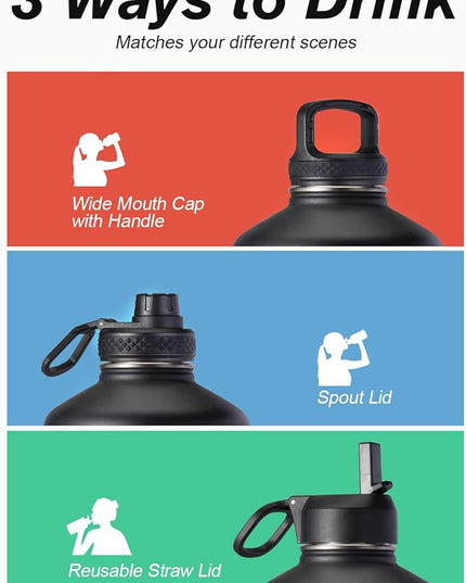 Coolflask 128 oz Gallon Water Bottle Insulated with Straw&3 Lids, Water Jug Large Stainless Steel Metal Vacuum Wide Mouth for Sports, Gym or Office, Non-BPA Keep Cold 48H Hot 24H, Piano Night