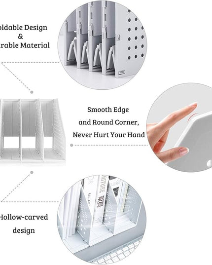 SAYEEC Collapsible Magazine Holder Plastic Desktop 4 Compartment File Desk Magazine Organizer Vertical File Divider Sorter Storage Document Organizer for Office Home School Gray