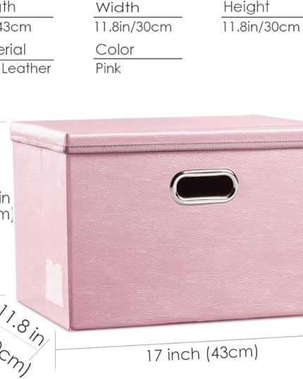 PRANDOM Large Collapsible Storage Box with Lid [1-Pack] Leather Fabric Foldable Storage Bin Organizer Container Basket Cube with Cover for Home Bedroom Closet Office Nursery Pink (17.7x11.8x11.8)