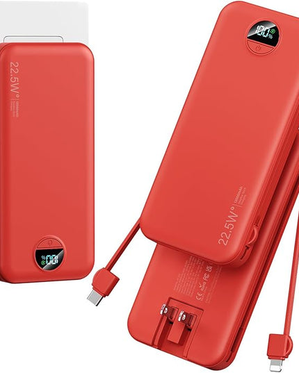12000mAh Ultra-Portable-Charger-Power-Bank with Built in Cables&AC Wall Plug,PD20W USB-C Fast Charging Cell Phone Charger Battery Pack,LED Display Travel Battery Bank for All iPhone,Samsung,Android