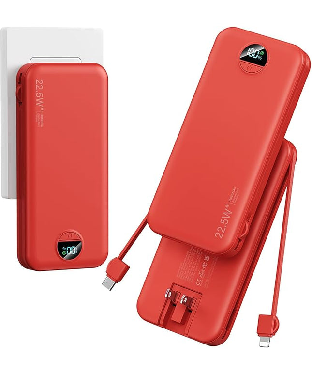12000mAh Ultra-Portable-Charger-Power-Bank with Built in Cables&AC Wall Plug,PD20W USB-C Fast Charging Cell Phone Charger Battery Pack,LED Display Travel Battery Bank for All iPhone,Samsung,Android