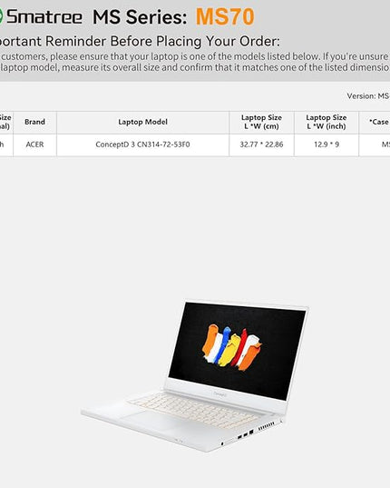 Smatree MS70 Hard EVA Protective Sleeve with Stand Compatible for 14 inch Acer ConceptD 3 Laptop - CN314-72-53F0 Laptop, Waterproof and Anti-Shock Bag,White