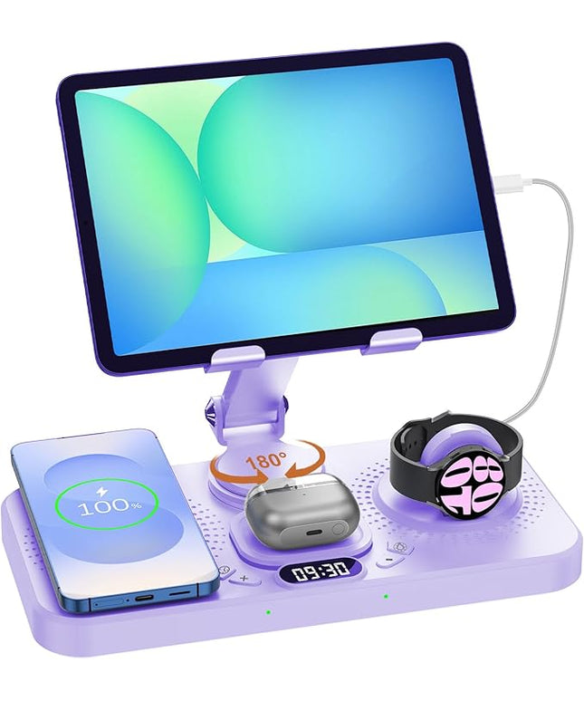 30W Tablet Wireless Charger for Samsung, Foldable Android Charging Station with Clock Display with 7-Color Light, Wireless Watch Charger for S25, Only Compatible Samsung Watch,Galaxy Buds3 Pro(Lilac