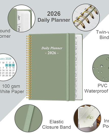 Daily Planner 2026 Full Page Per Day- 2026 Daily & Monthly Planner from January 2026 to December 2026, Day Planner 2026 with 12 Months Tabs, 8.5" x 11", Green