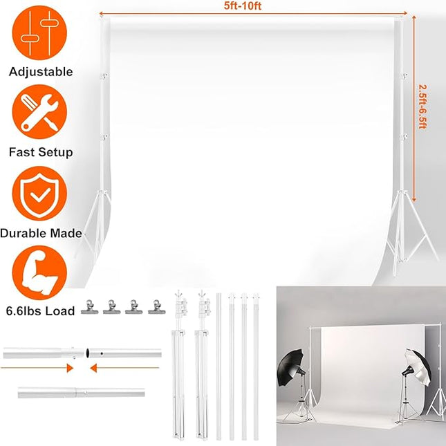 6.5 x 10ft Adjustable Backdrop Stand Kit,Heavy-Duty Photography Background Support System with Clamps & Carry Bag,Photo Video Studio Backdrop Stand for Parties,Weddings,Green Screen & Banner Display