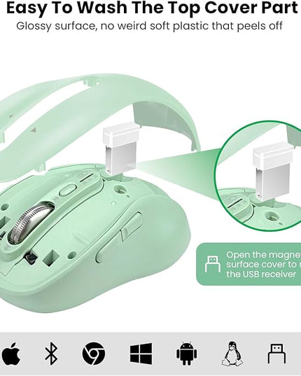 Wireless Bluetooth Mouse for Laptop,USB+BT×2,Quiet Ergo Computer Mouses,Metal 4-Way Super Scrolling,± 3200 DPI,Rechargeable,10 Button,Plug&Play,Multi Device Cordless Mice for iPad,Tablet,Mac,PC(Green)
