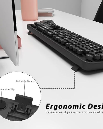 Wireless Keyboard and Mouse, KOOTOP Cute Black Keyboard and Mouse, 2.4G Wireless Keyboard with Retro Round Keycap for PC, Mac, Laptop,Tablet,Computer Windows (Black)