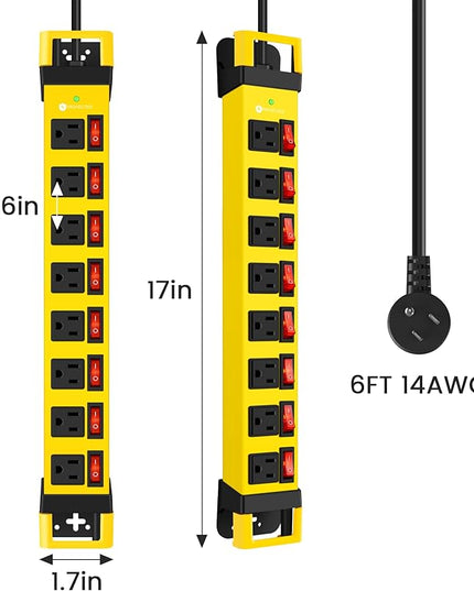 Heavy Duty Power Strip with Individual Switches,8 Outlets 14 Gauge Industrial Shop Garage Metal Multiple Outlets,1200J Surge Protector Mountable Power Strip,6FT Extension Cord Management(Yellow)