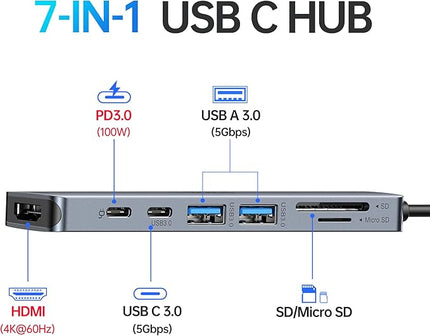 USB C Hub HDMI Adapter for MacBook Pro/Air, 7 in 1 USBC Dongle with HDMI, SD/TF Card Reader, USB C Data Port,100W PD, and 2 USB 3.0 Compatible for MacBook Pro/Air, Dell XPS, Lenovo Thinkpad.